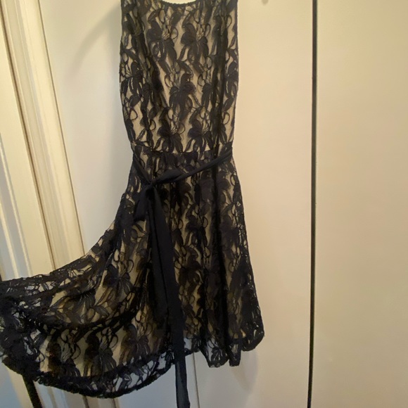 Navy Blue & Cream Lace Dress with Side Tie - Picture 3 of 7